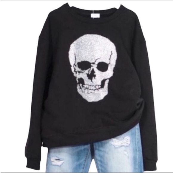 12PM BY MON AMI glitter skull sweatshirt S black - Picture 1 of 5